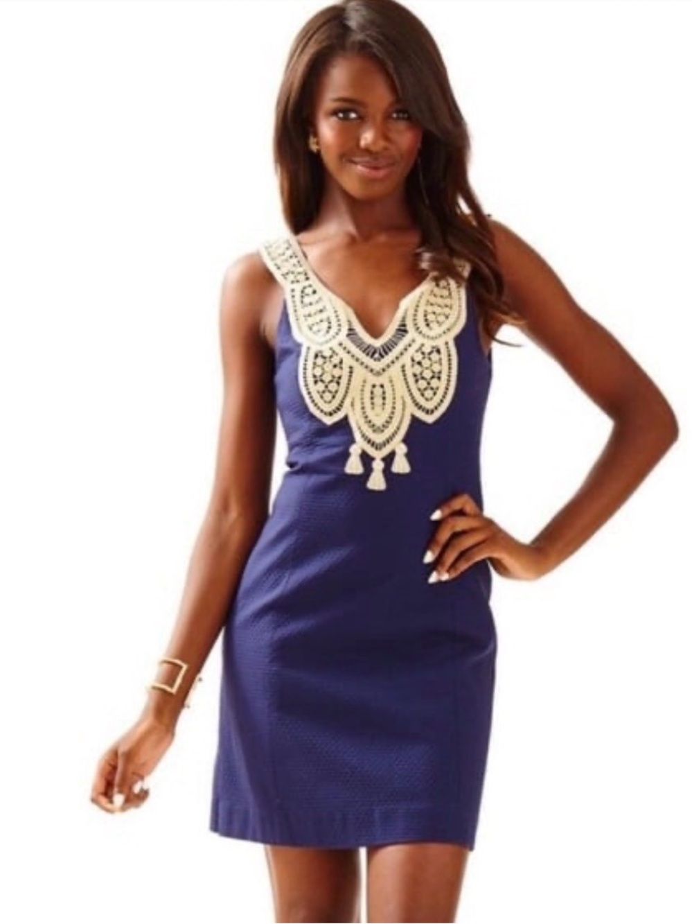 Lilly Pulitzer True Navy/Shimmer Gold Embroidered Neck Largo Shift Dress 6 - Picture 5 of 15